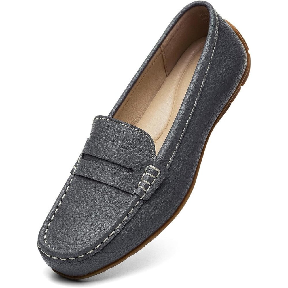 Kordal Women's Grey Leather Comfortable & Lightweight Penny Loafers Flats